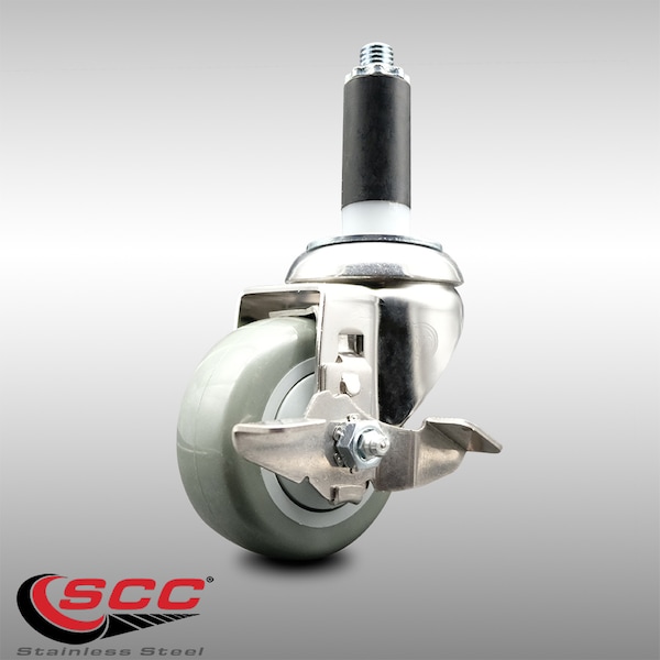 3 Inch 316SS Gray Polyurethane Swivel 1 Inch Expanding Stem Caster Brake